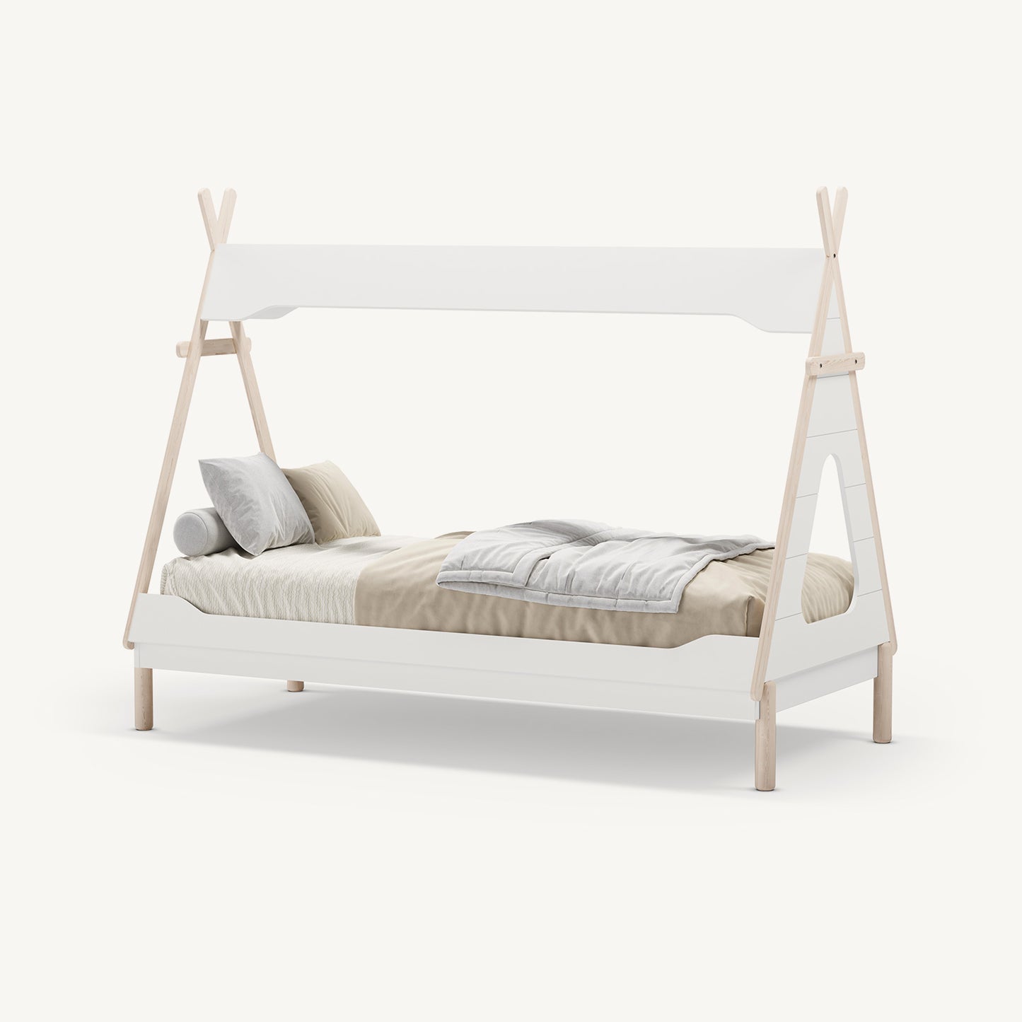 Cama tipi infantil blanca de madera con ventana lateral