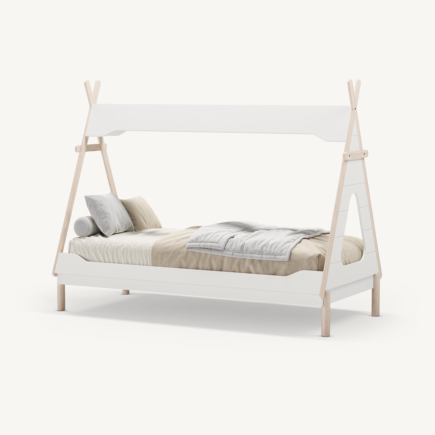Cama tipi infantil blanca de madera con ventana lateral