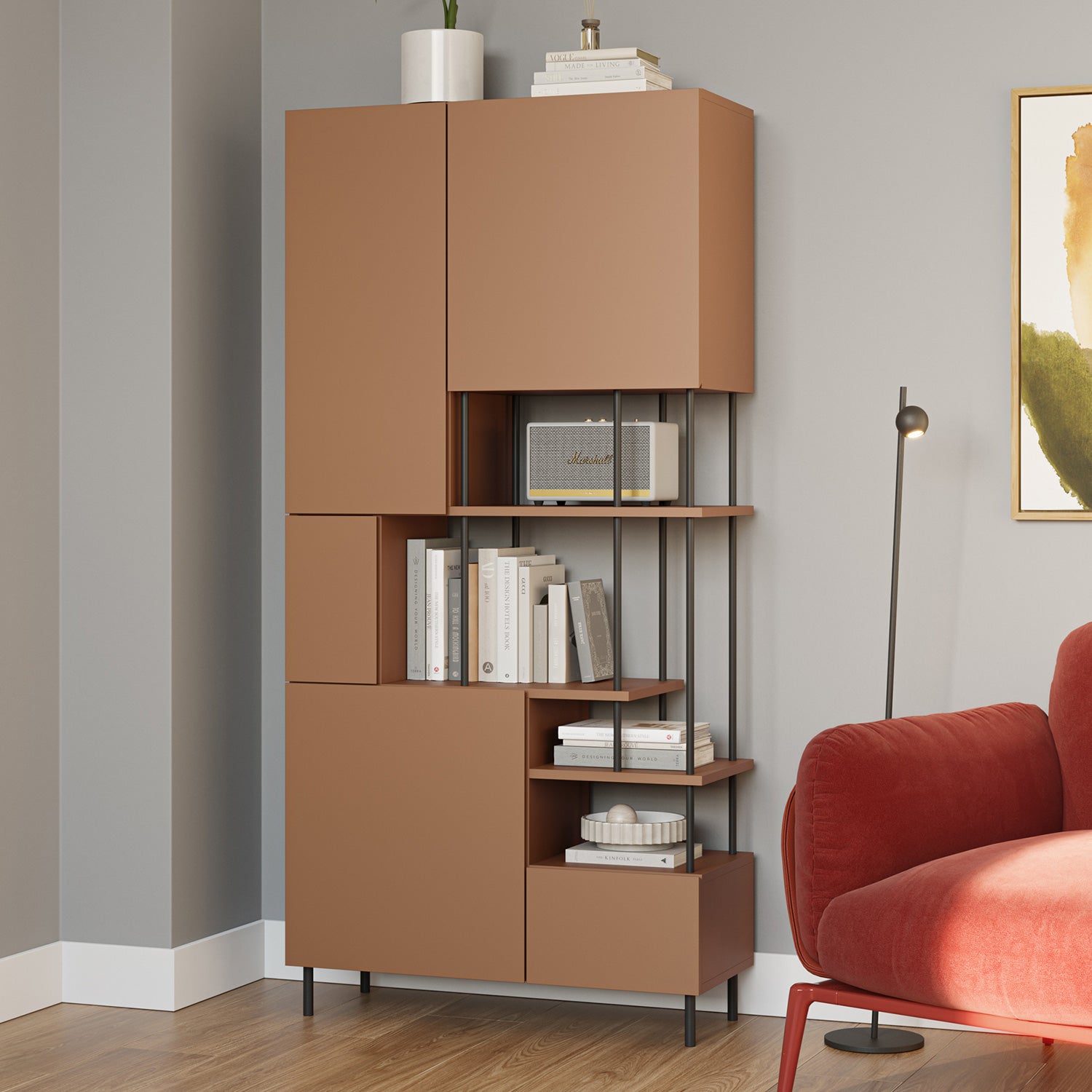 Estantería de metal terracota con cinco puertas