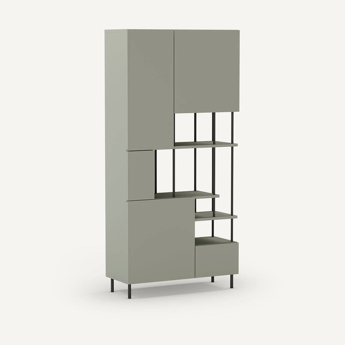 Estantería de metal verde con cinco puertas.