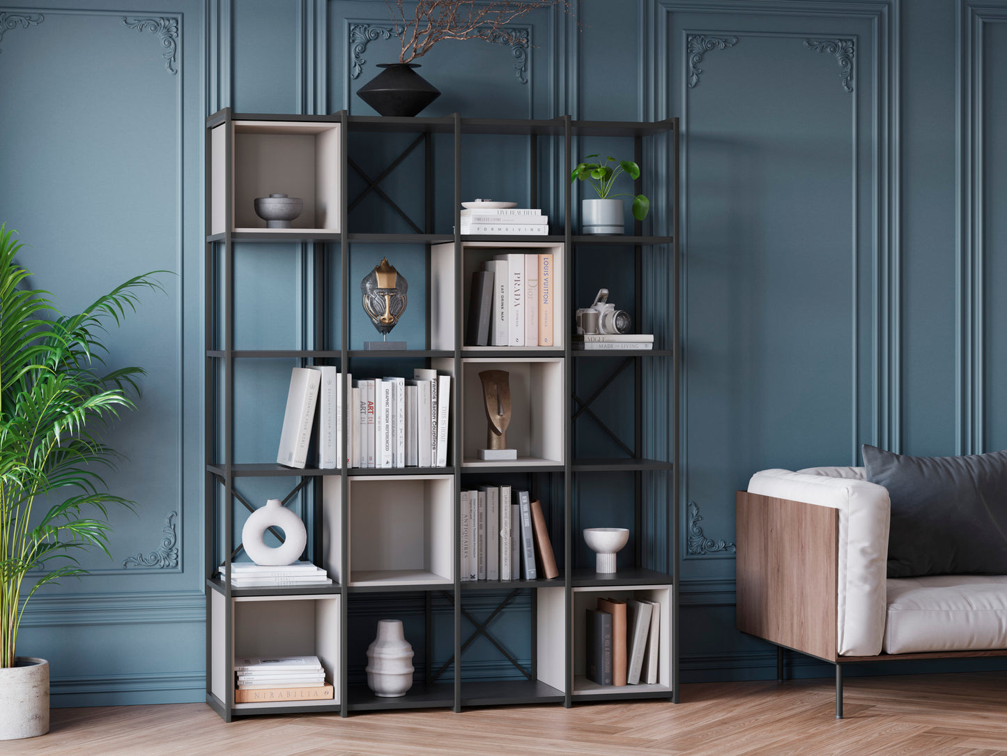 Estantería de color crema y negro, fabricada en melamina y metal con seis cubos.