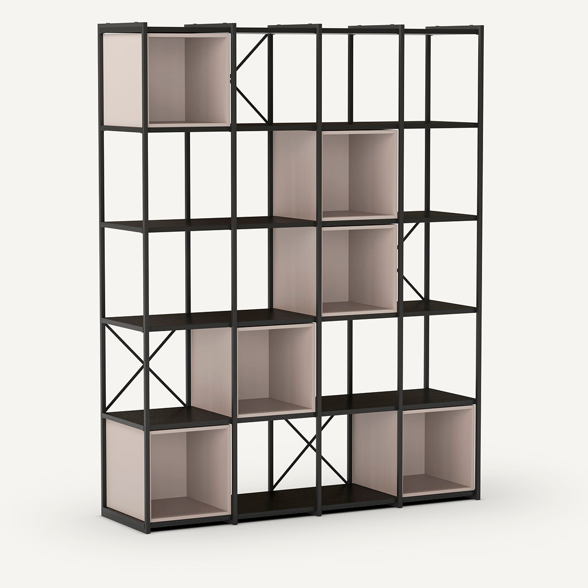 Estantería de color crema y negro, fabricada en melamina y metal con seis cubos.