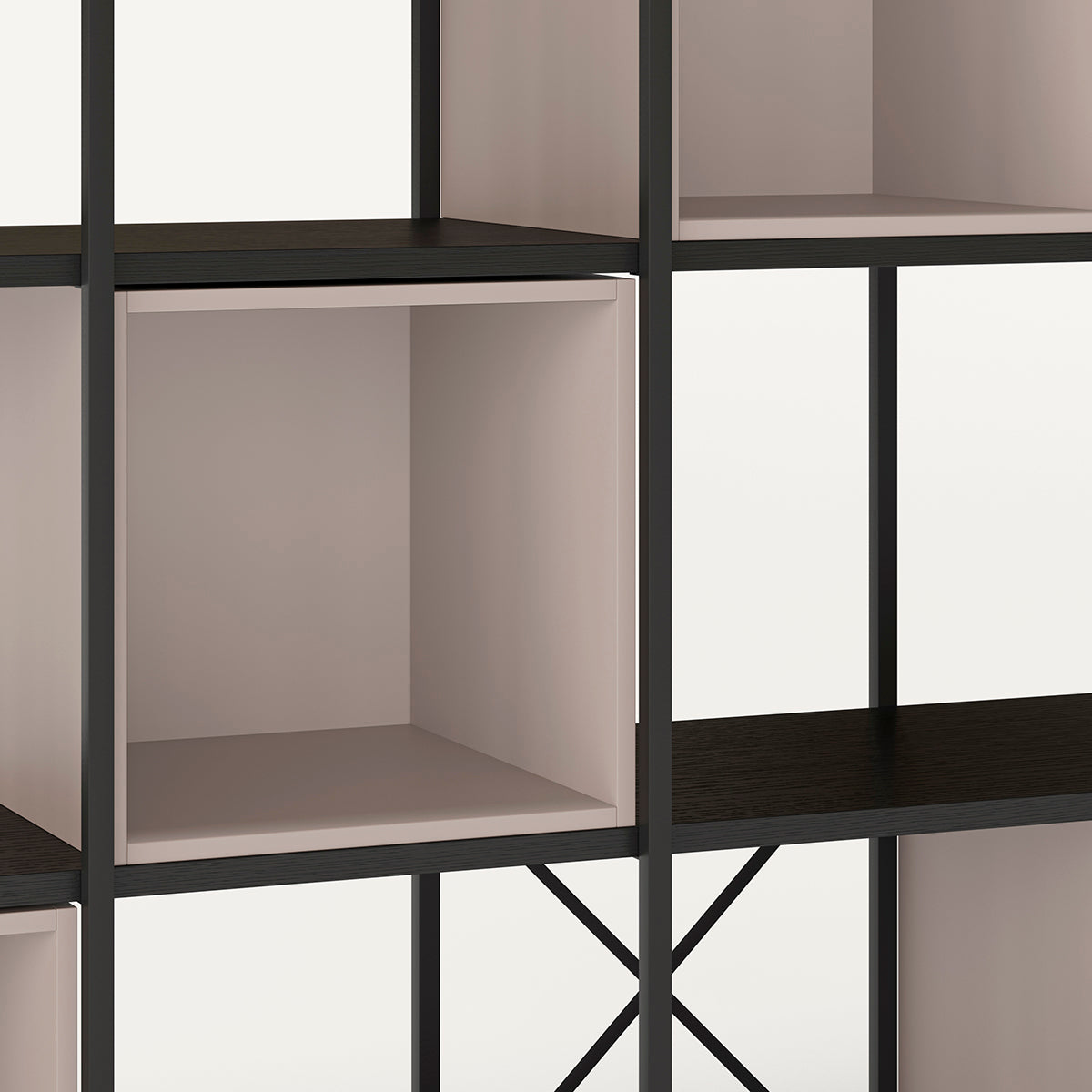 Estantería de color crema y negro, fabricada en melamina y metal con seis cubos.