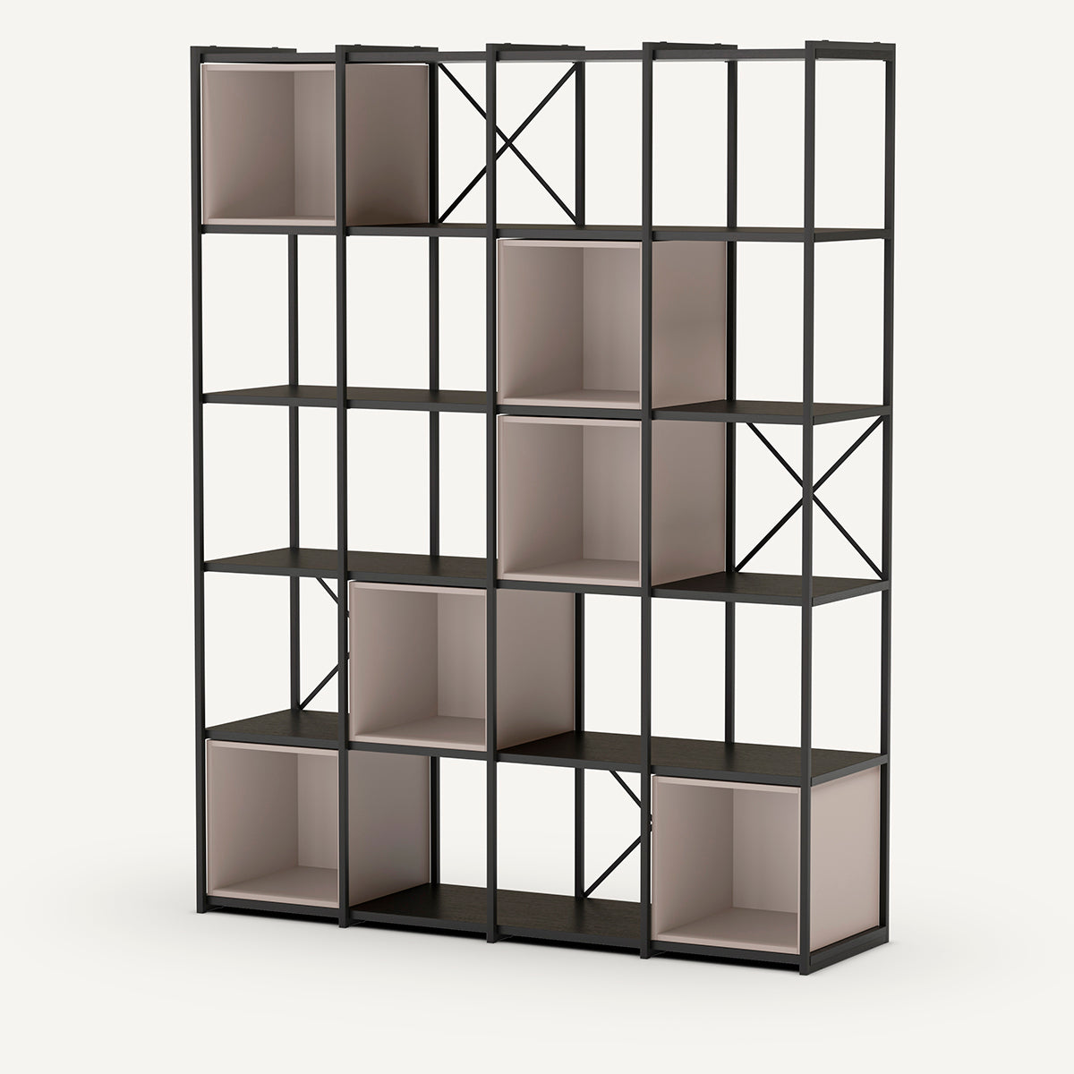 Estantería de color crema y negro, fabricada en melamina y metal con seis cubos.