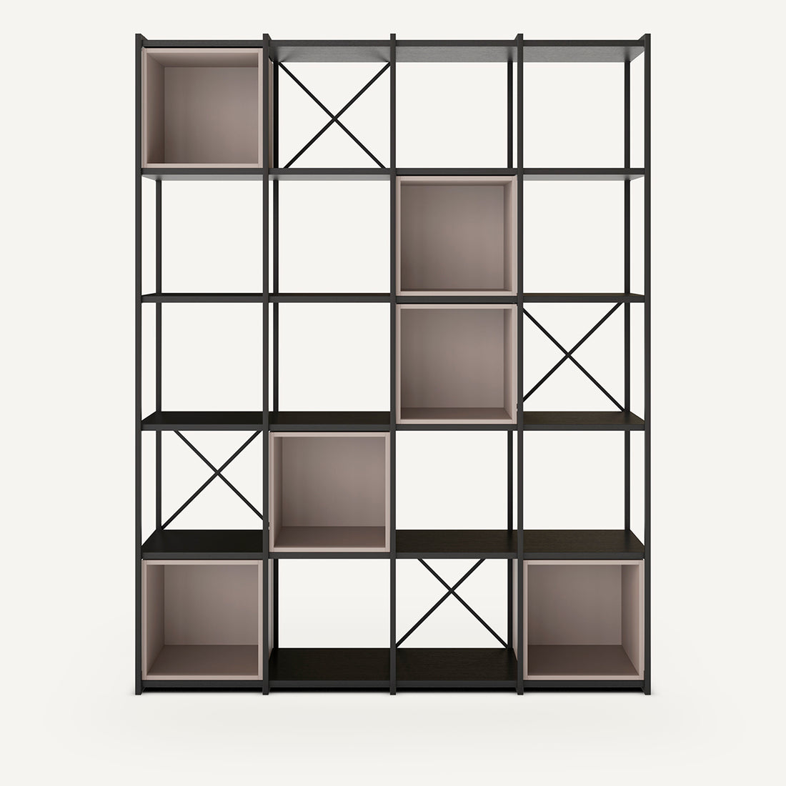 Estantería en módulos de color negro con cajones crema. Está fabricada en metal y melamina con seis cubos movibles para colocar en los diferentes huecos. Perfecta para el salón, habitación de trabajo o estudio, con un gran almacenamiento para el orden.