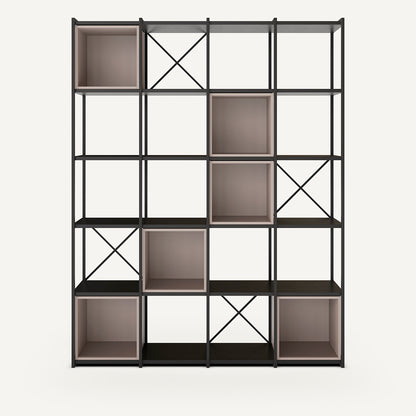 Estantería de color crema y negro, fabricada en melamina y metal con seis cubos.