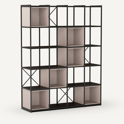 Estantería de color crema y negro, fabricada en melamina y metal con seis cubos.
