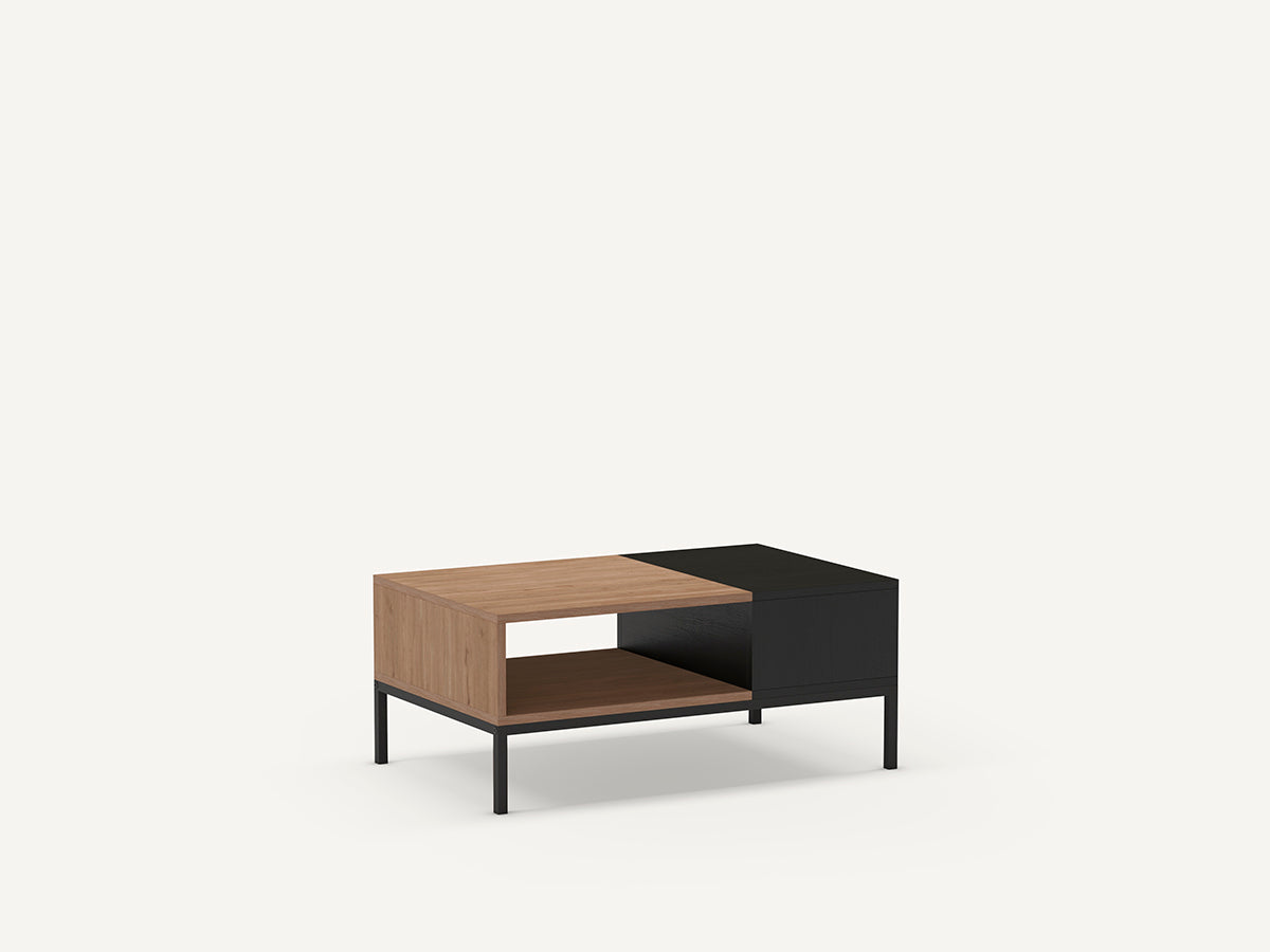 Mesa de centro rectangular, en color natural y negro fabricada de melamina y metal.