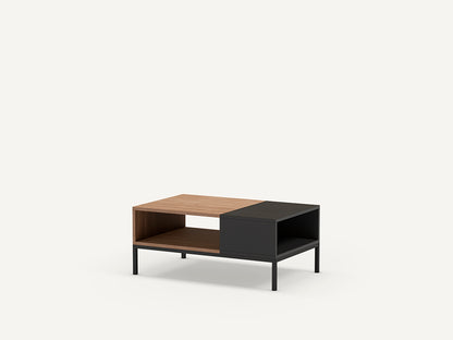 Mesa de centro rectangular, en color natural y negro fabricada de melamina y metal.