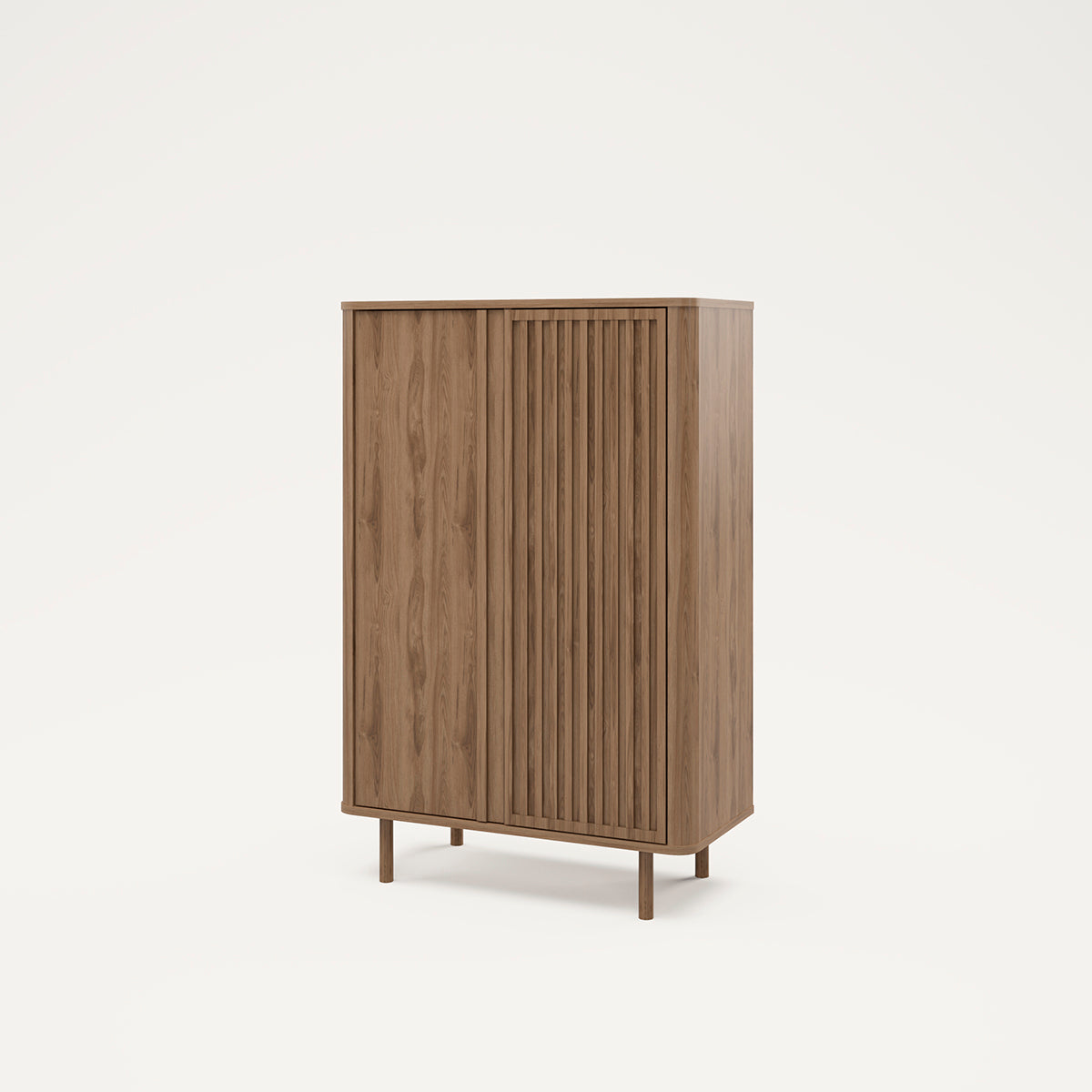 Armario en color marrón fabricado de melamina y madera de roble, con cuatro patas, dos puertas y ochos huecos en su interior con estantes. 