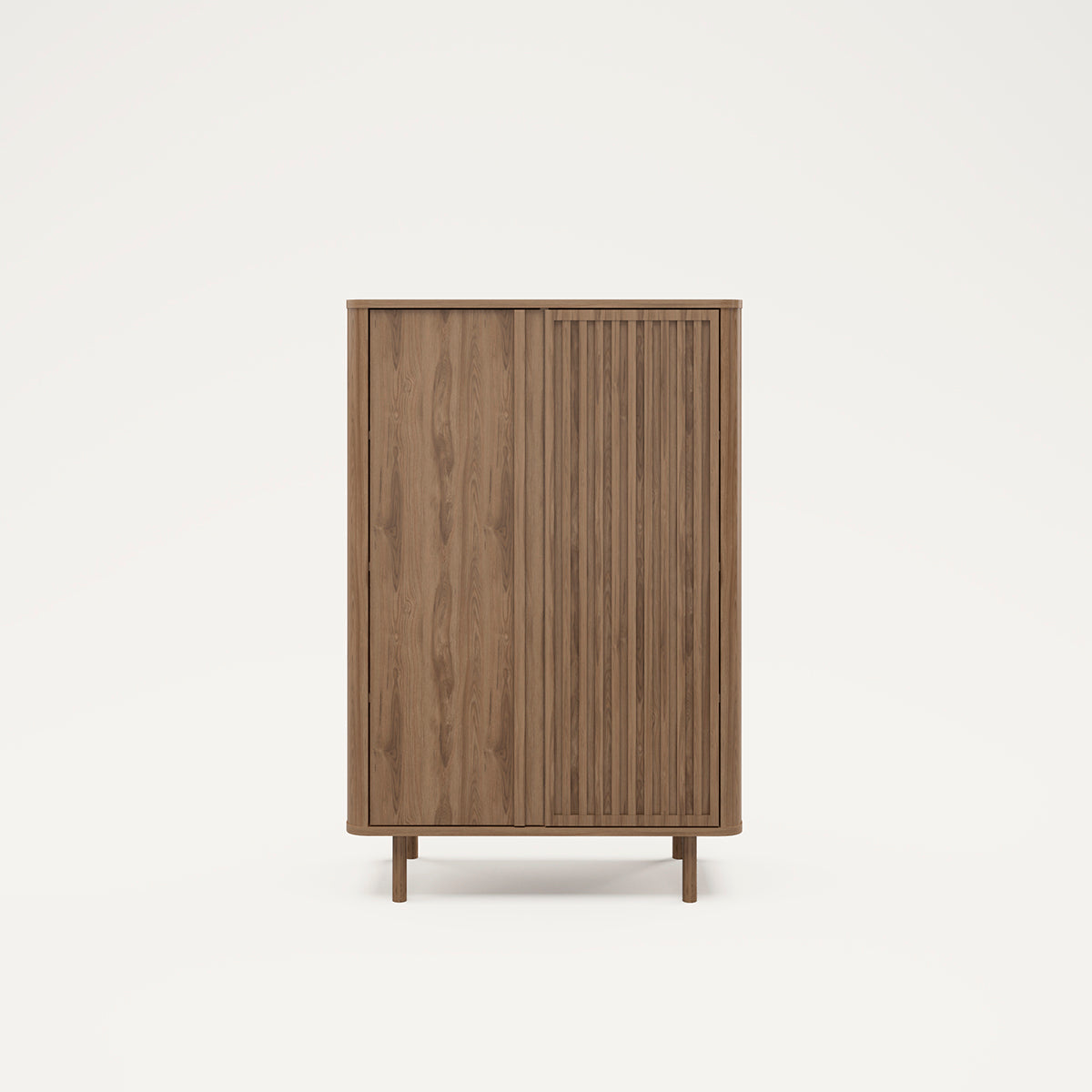 Armario en color marrón fabricado de melamina y madera de roble, con cuatro patas, dos puertas y ochos huecos en su interior con estantes. 