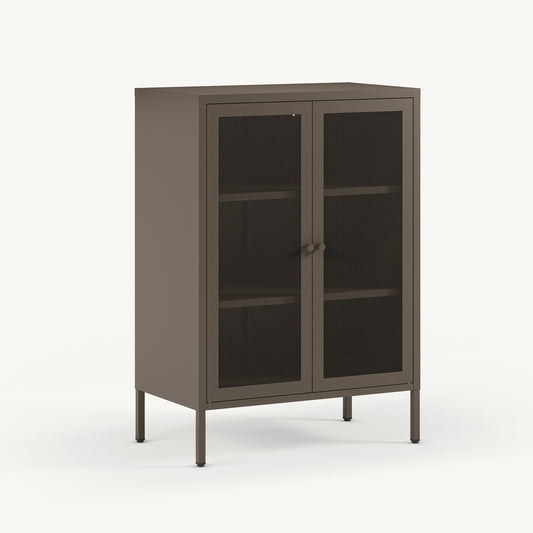 Armario pequeño bajo Fayna en metal moka con 2 puertas de rejilla