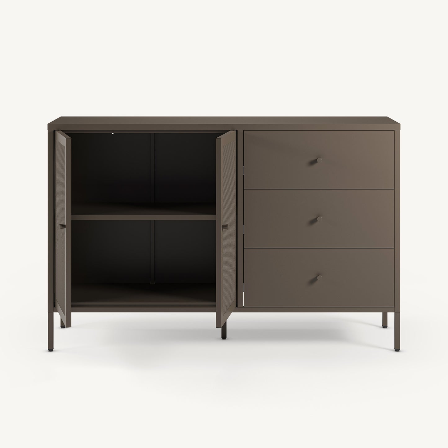 Aparador Fayna en metal moka con dos puertas y tres cajones