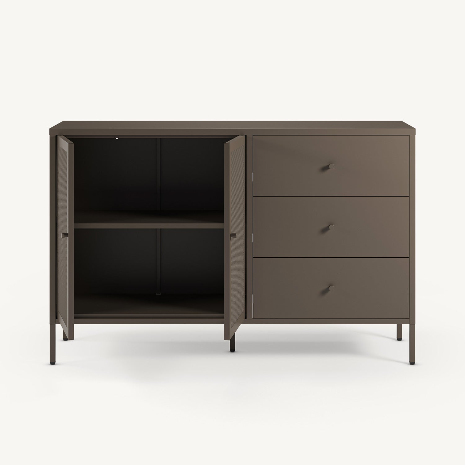 Aparador Fayna en metal moka con dos puertas y tres cajones