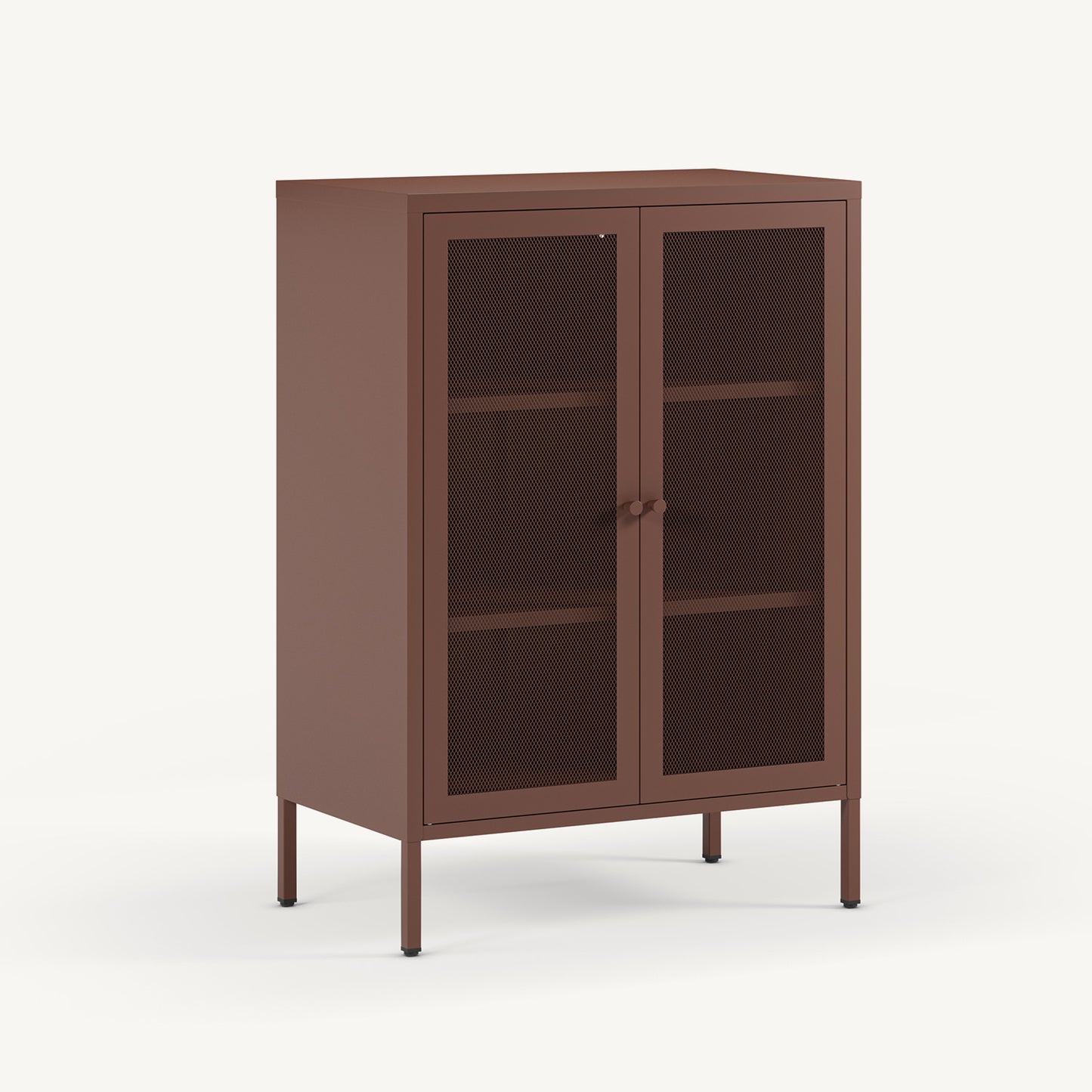 Armario pequeño bajo Fayna en metal burdeos con 2 puertas de rejilla