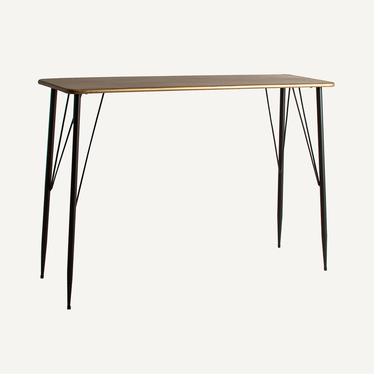 Mesa de escritorio en metal dorado con patas de hierro negro