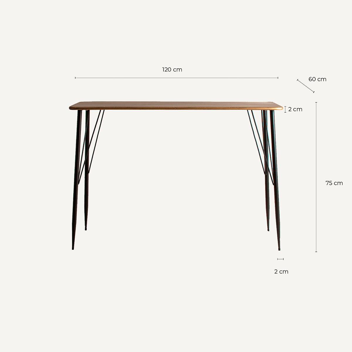 Mesa de escritorio en metal dorado con patas de hierro negro