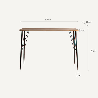 Mesa de escritorio en metal dorado con patas de hierro negro