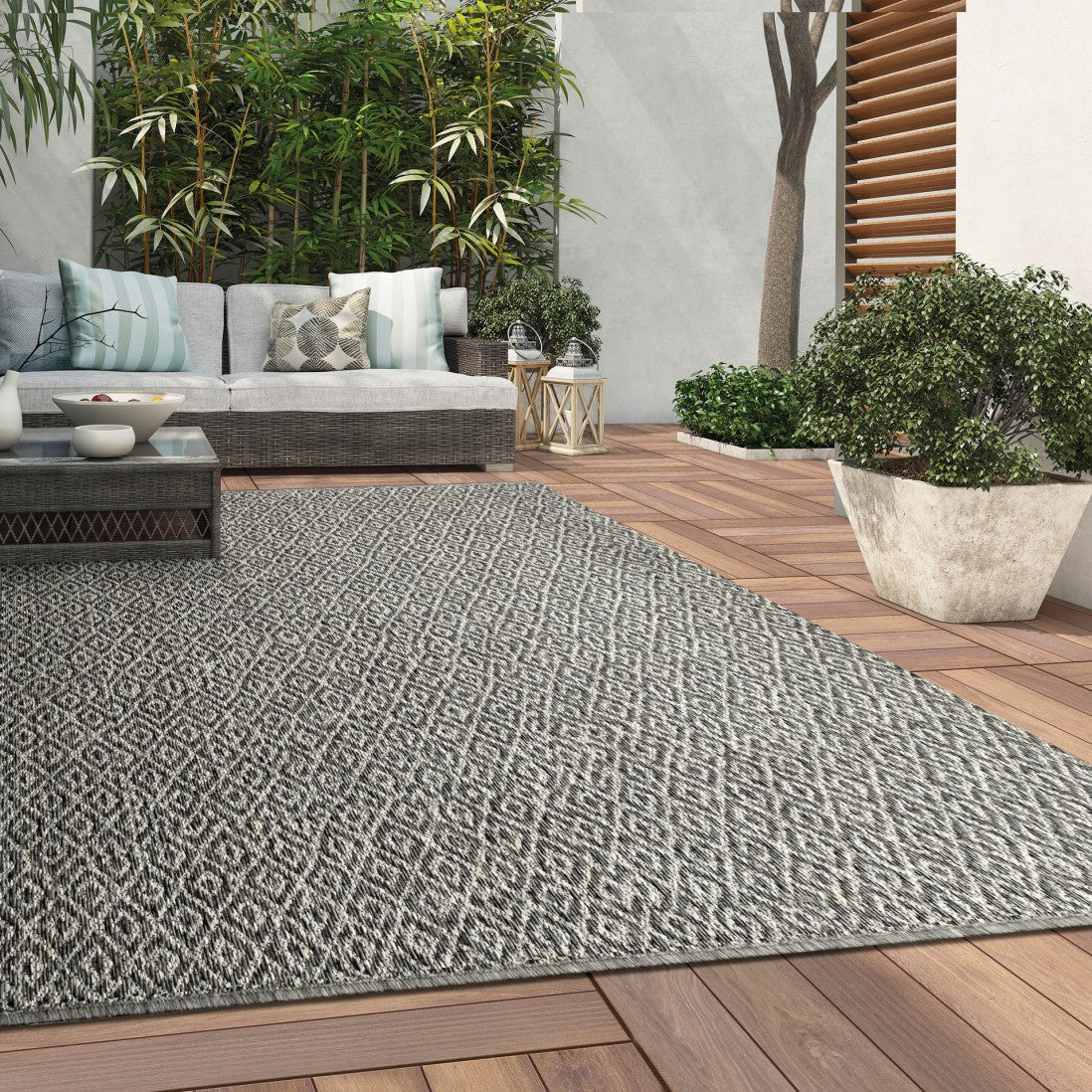 Alfombra de interior y exterior con rombos gris