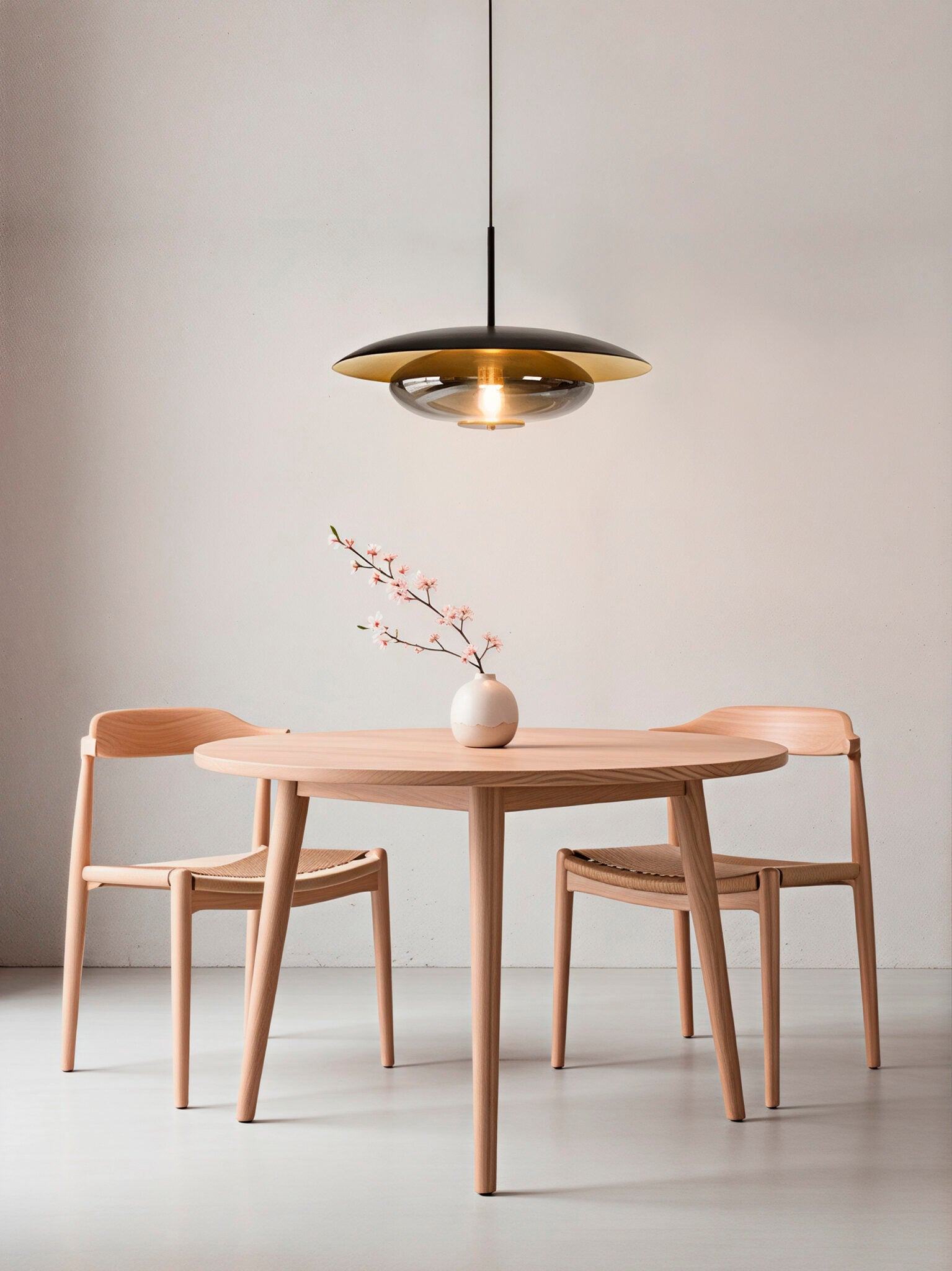 Lámpara de techo o colgante, en color negro y oro. Fabricada de acero con un portalámparas de cristal ahumado negro.