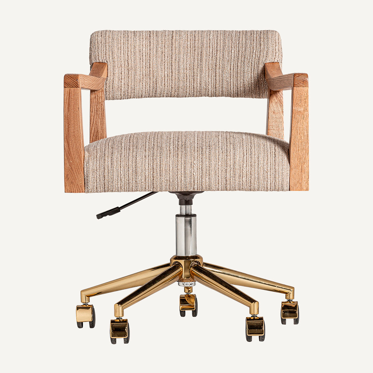 Silla de escritorio, con ruedas, elevable y giratoria, en madera de roble, acero y tejido beige.