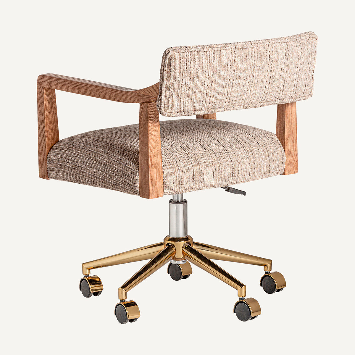 Silla de escritorio, elevable y giratoria, en madera de roble, acero y tejido beige.