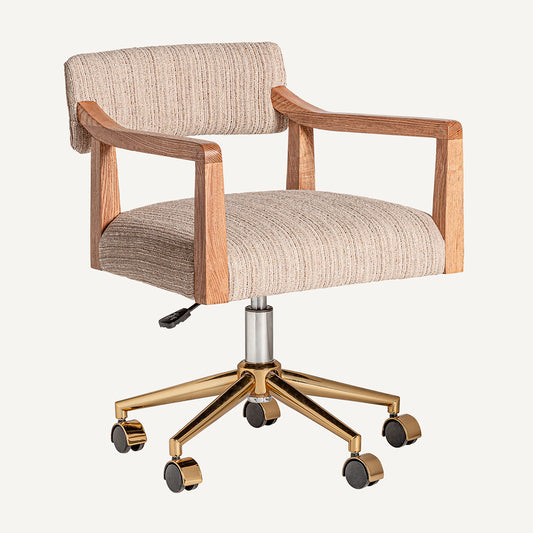Silla de escritorio, con ruedas, elevable y giratoria, en madera de roble, acero y tejido beige.