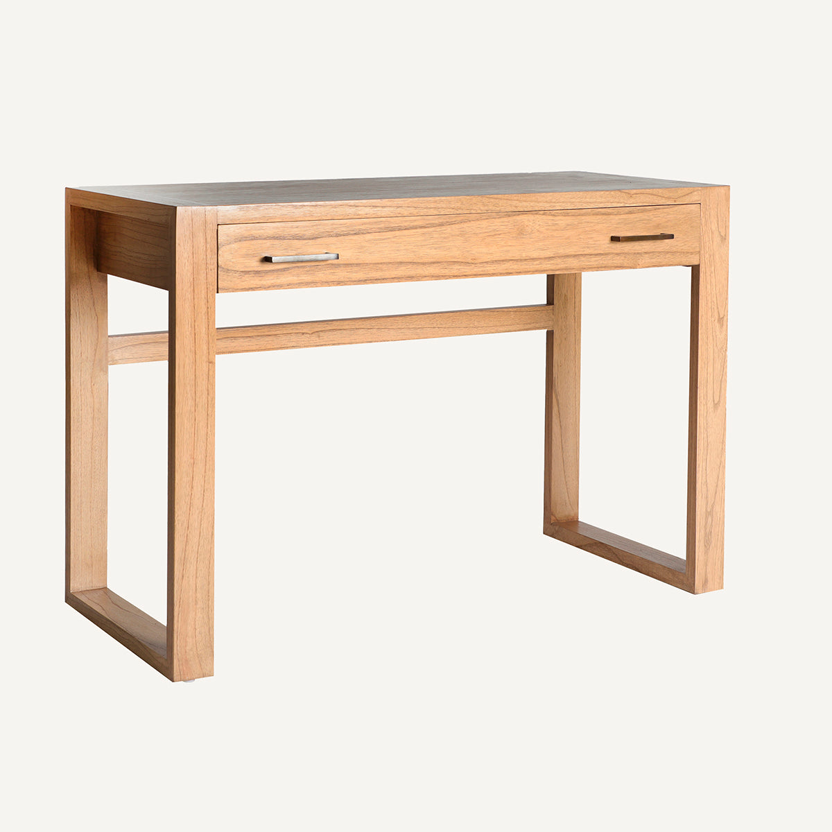 Mesa de escritorio en madera de mindi color natural con un cajón y huecos internos