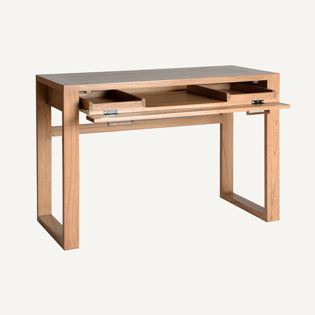 Mesa de escritorio en madera de mindi color natural con un cajón y huecos internos