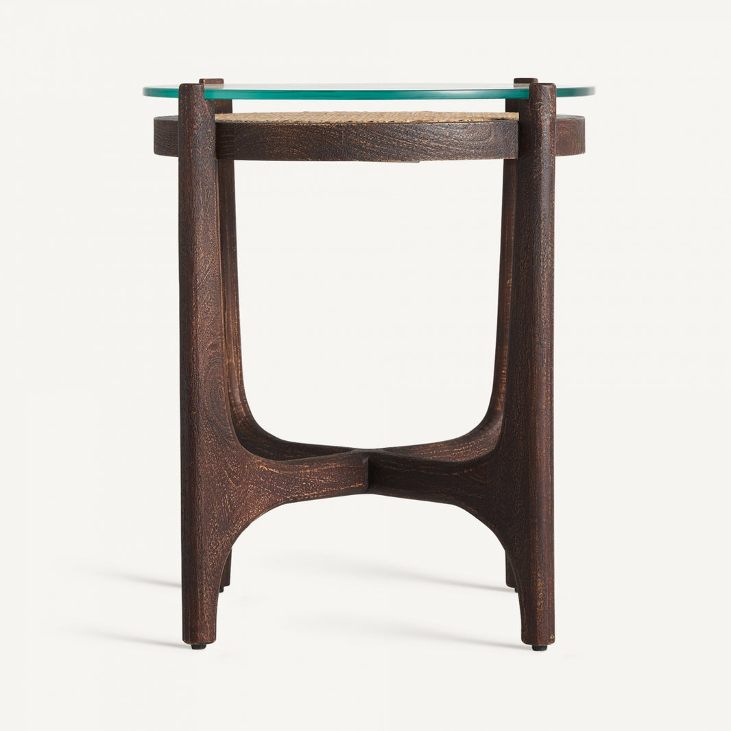 Mesa auxiliar, marrón, de madera de mango, ratán y vidrio