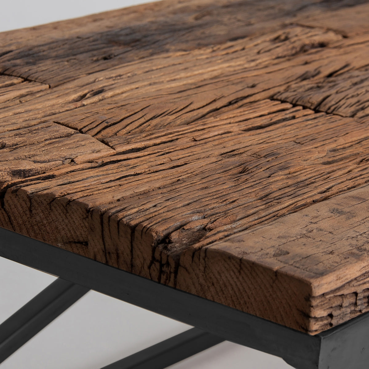 Mesa de centro, marrón y negro, de madera de teca natural con acero