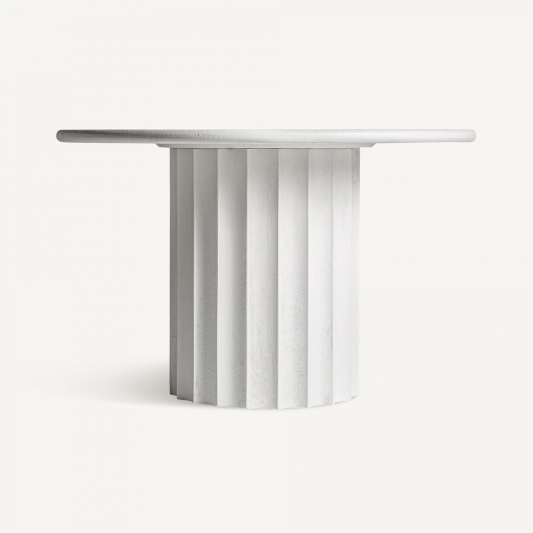 Mesa de comedor redonda, color blanco, fabricada en resina, grava y madera DM.