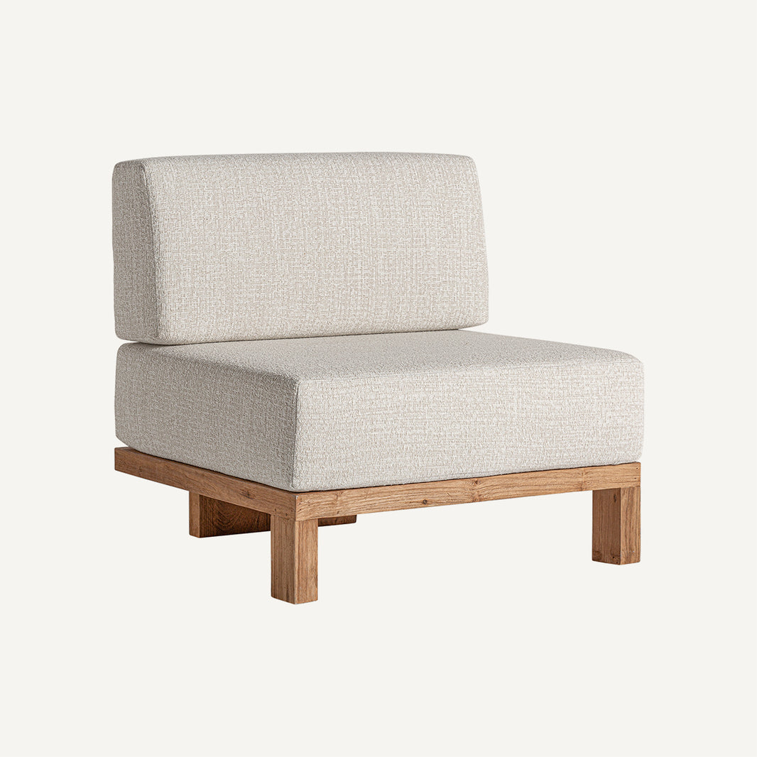 Sofá de exterior, módulo central, de madera de teca reciclada, polipropileno, poliéster y espuma, en color marrón y beige