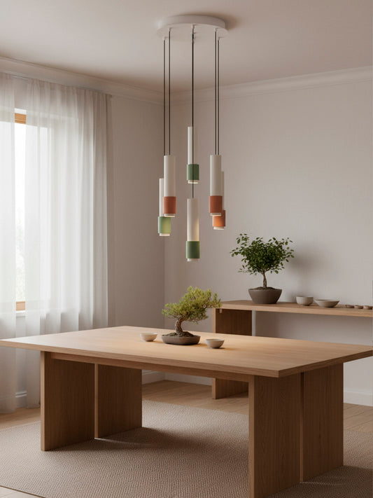 Lámpara de techo o colgante de doble altura, en color crema, teja y verde.