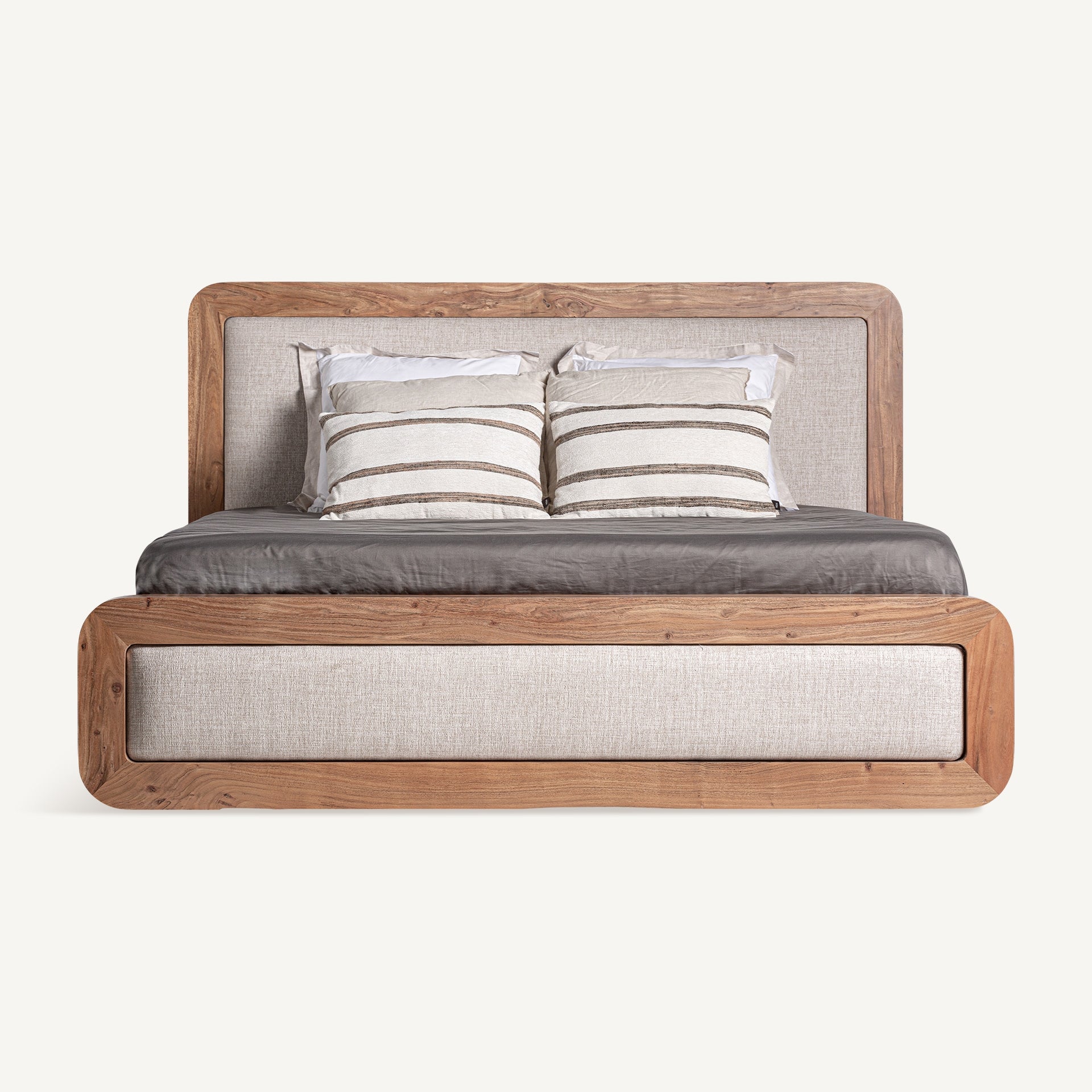 Cama de madera de acacia con cabecero y piecero tapizado beige jaspeado 180x200