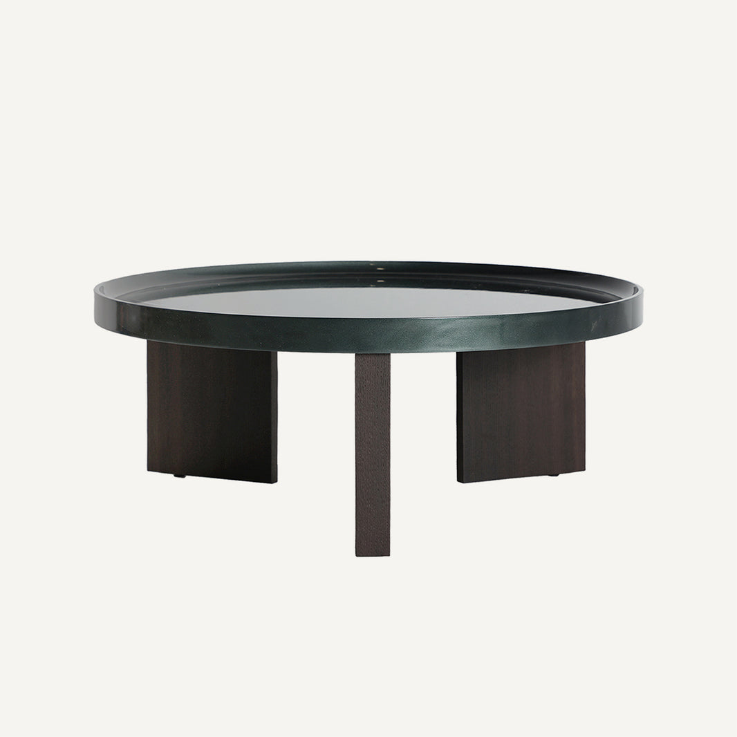 Mesa de centro redonda color verde oscuro fabricada de madera DM y cristal