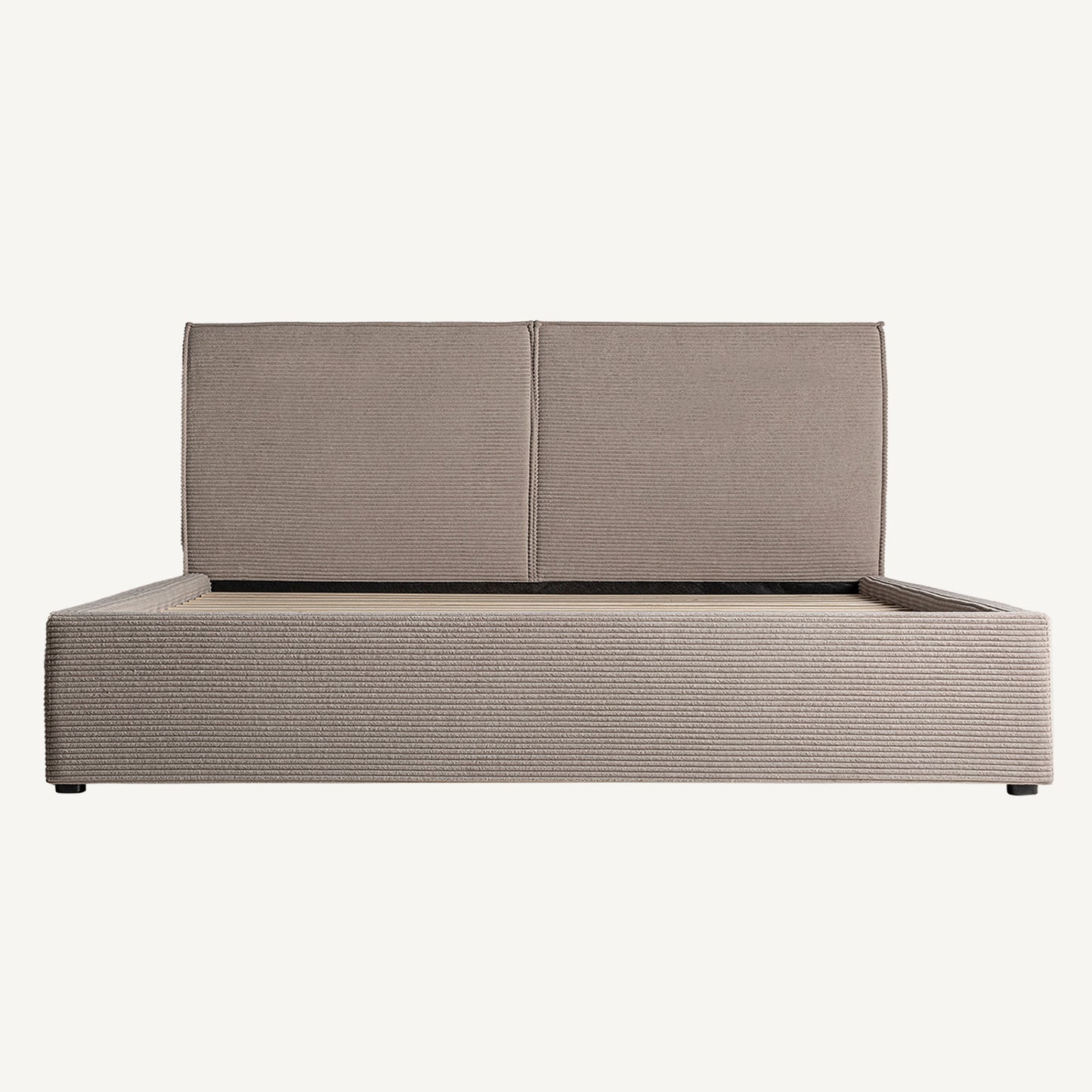 Estructura de cama tapizada beige con base tipo bañera para colchón 150x200