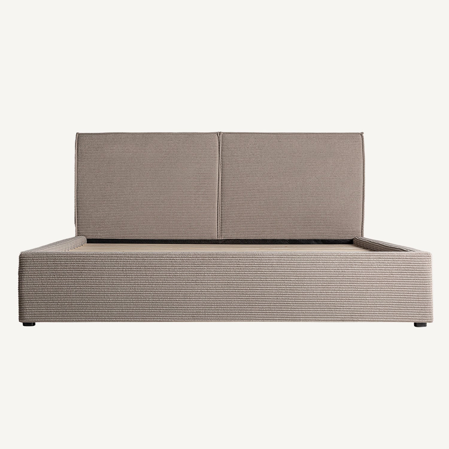 Estructura de cama tapizada beige con base tipo bañera para colchón 150x200