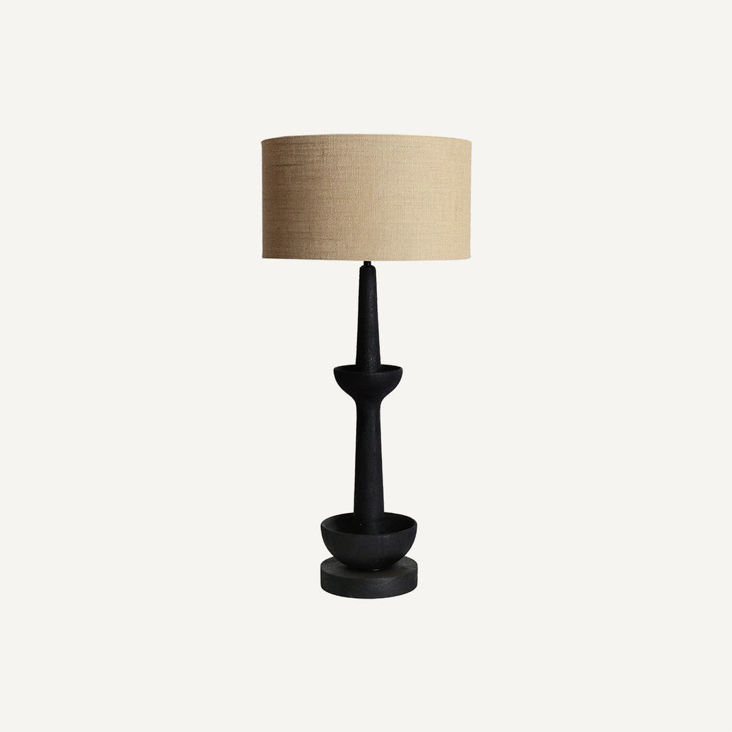 Lámpara de mesa en color negro, de madera de mango y lino