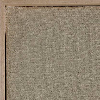 Cuadro fabricado sobre lienzo y madera de pino, combina un diseño de líneas geométricas en tonos de color verde, marrón y beige.