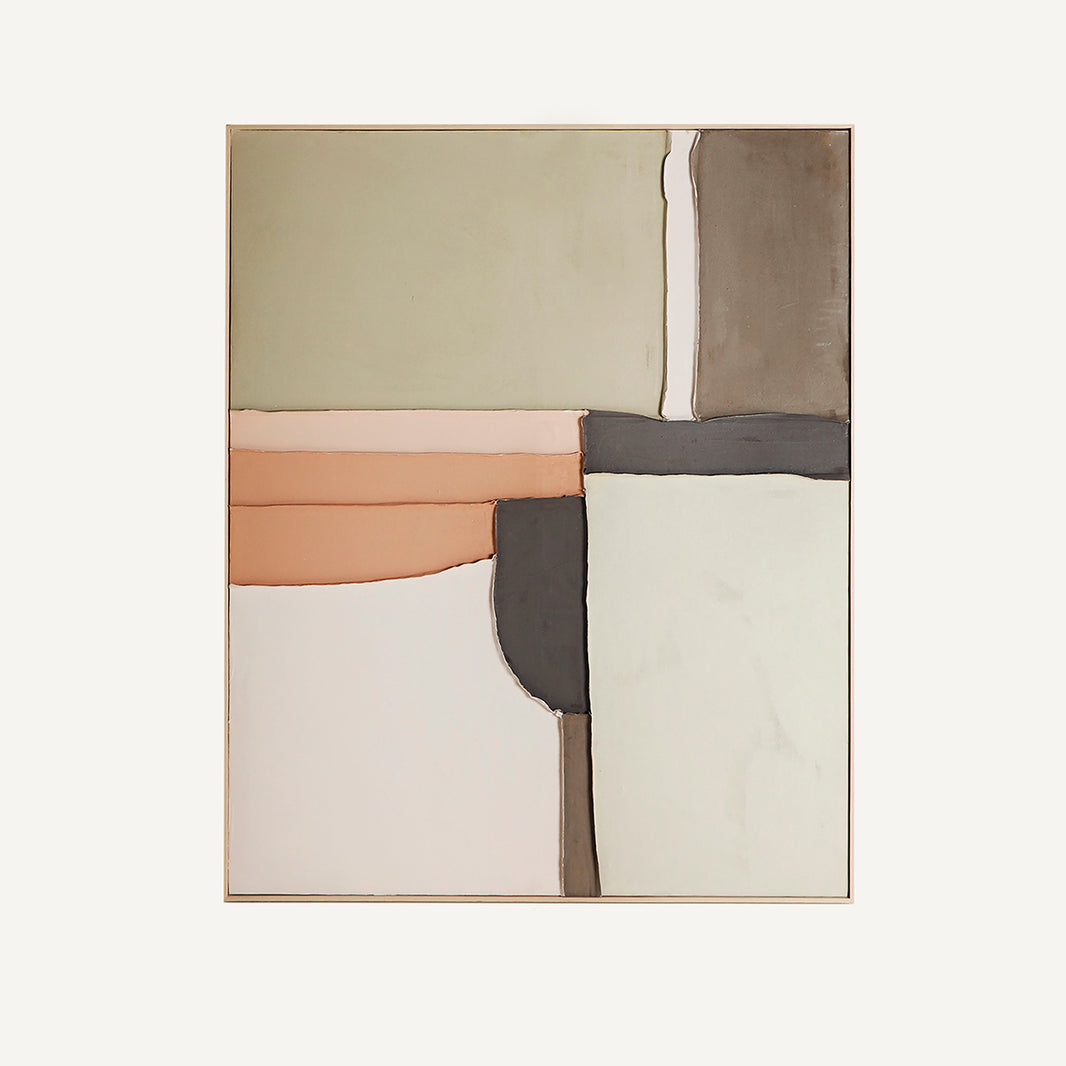 Cuadro fabricado sobre lienzo y madera de pino, combina un diseño de líneas geométricas en tonos de color verde, marrón y beige.