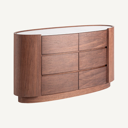 Cómoda en madera contrachapada de roble marrón y piedra blanca. Seis cajones