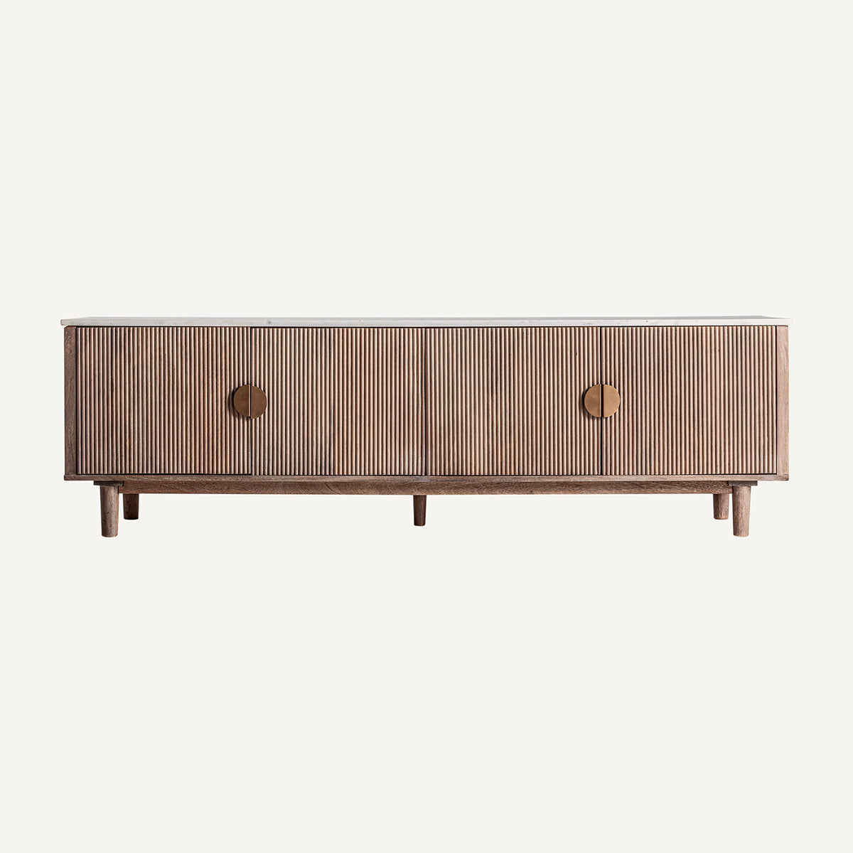 Mueble TV en madera de mango, mármol blanco y madera DM marrón.
