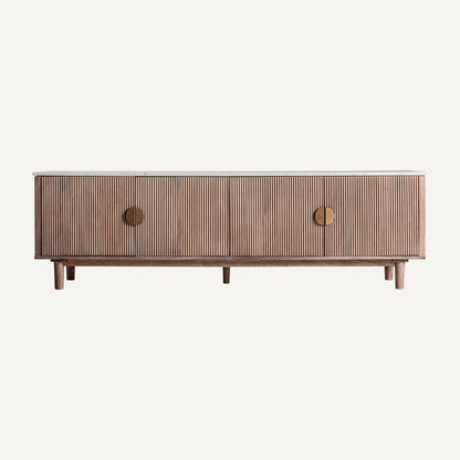 Mueble TV en madera de mango, mármol blanco y madera DM marrón.