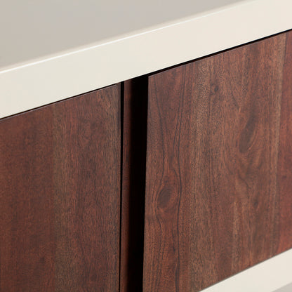 Mueble TV blanco roto y marrón, fabricado en madera de acacia combinado con madera DM.