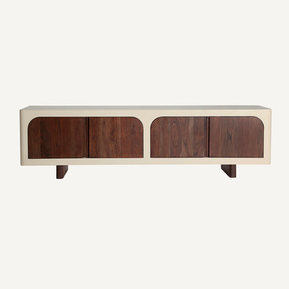 Mueble TV blanco roto y marrón, fabricado en madera de acacia combinado con madera DM.