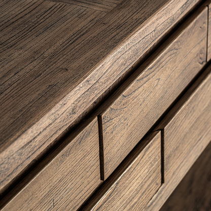 Consola en madera de olmo marrón y estructura de hierro negro. 9 cajones