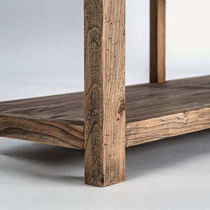 Consola en madera de olmo marrón y estructura de hierro negro. 9 cajones