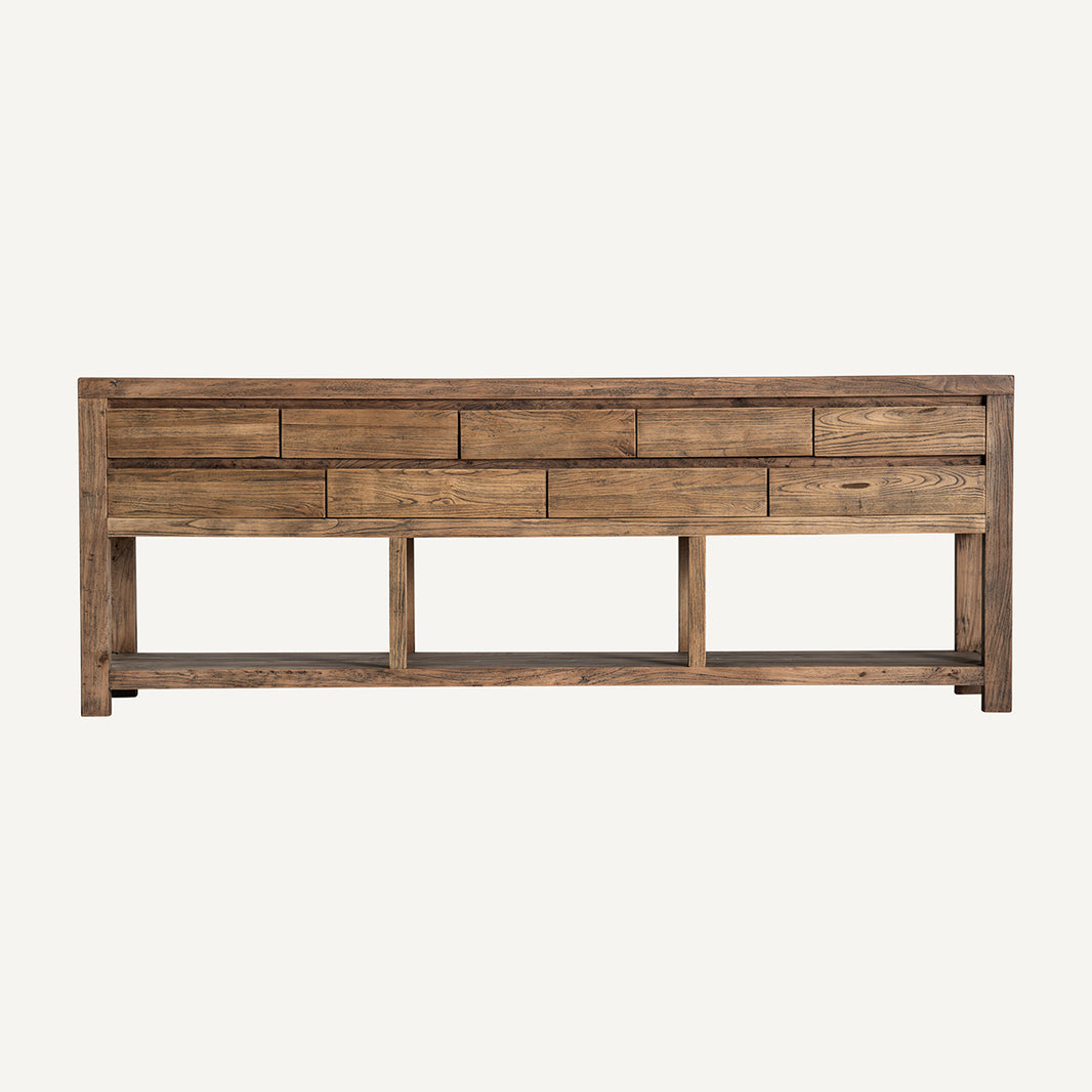 Consola en madera de olmo marrón y estructura de hierro negro. 9 cajones