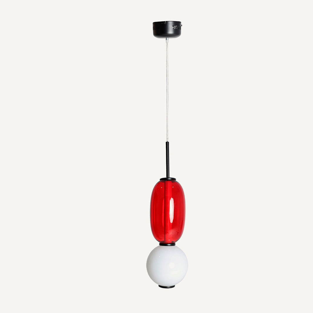 Lámpara de colgar fabricada de hierro y cristal, en color rojo y blanco. Tipo Baudelaire 